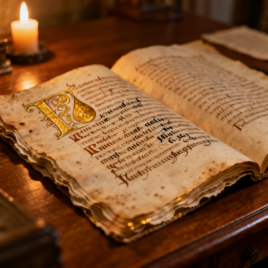 AI illuminated manuscript on parchment with candlelight