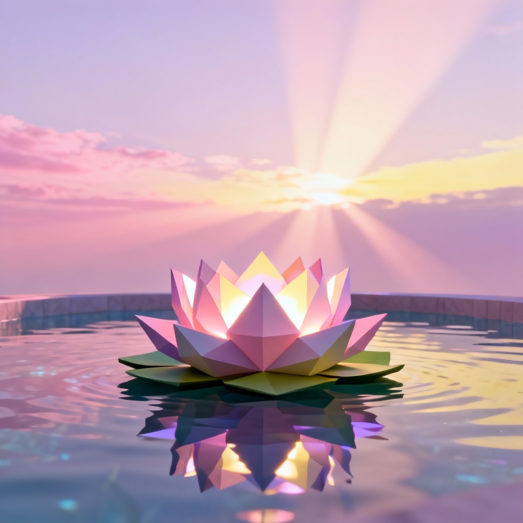 AI low-poly radiant lotus with volumetric light