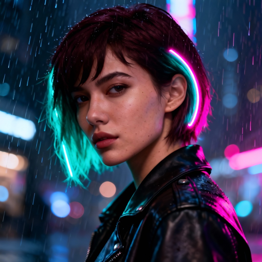 AI brunette cyberpunk portrait with neon lights