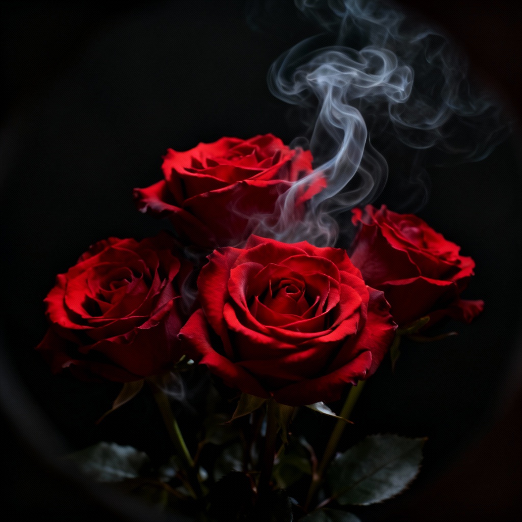 Moody gothic red roses with smoke and dark shadows