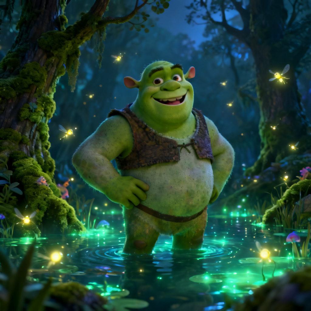 AI Shrek generator creating a funny green ogre in a fantasy swamp