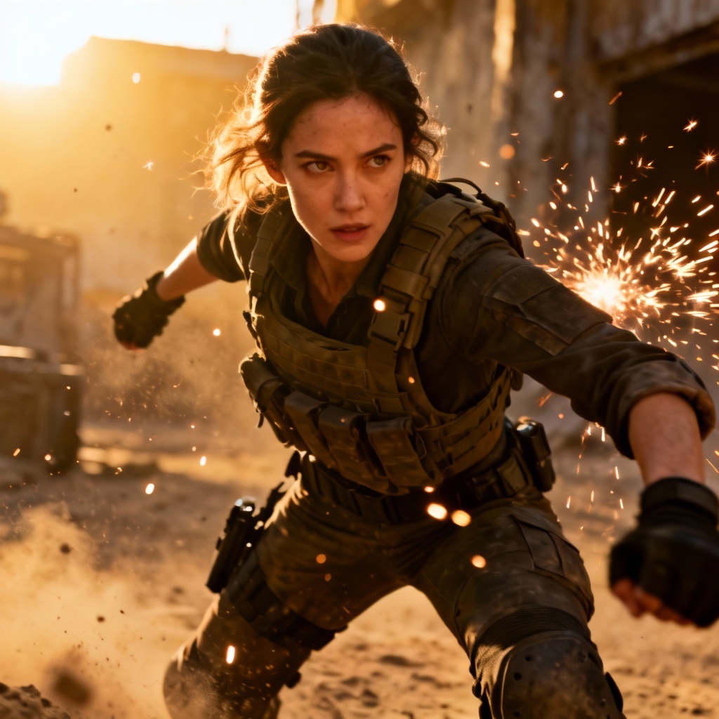 AI action film actress in heroic pose