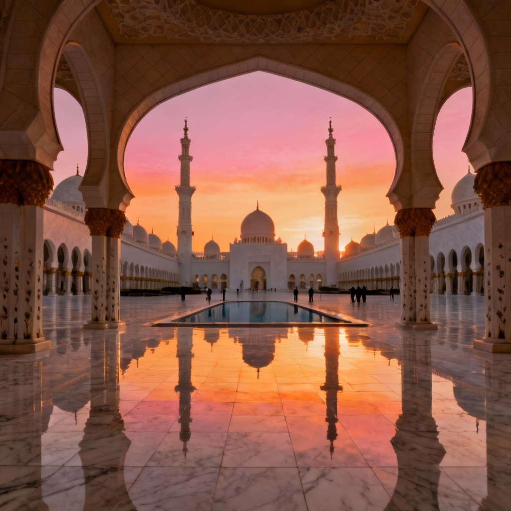 AI mosque architecture at sunrise with reflection pool