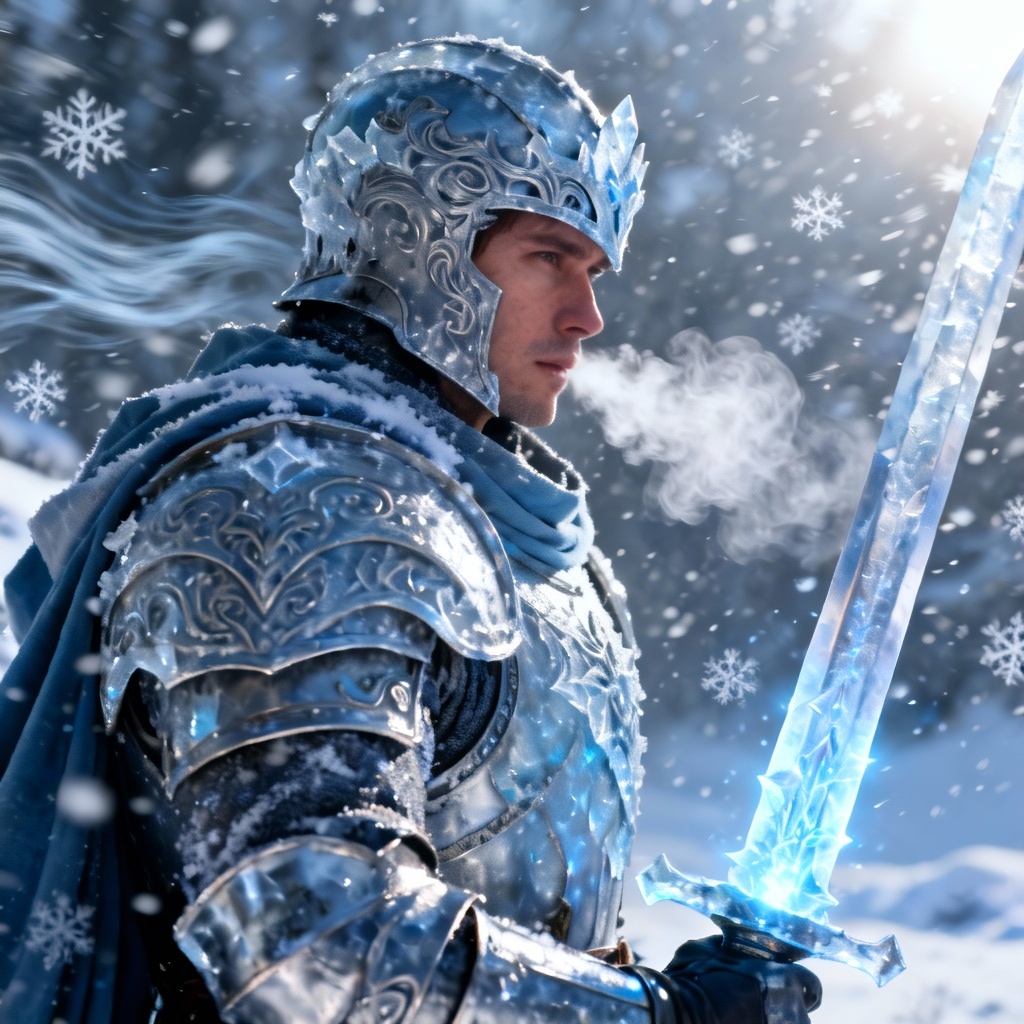 AI frozen-style armored frost knight with icy blade