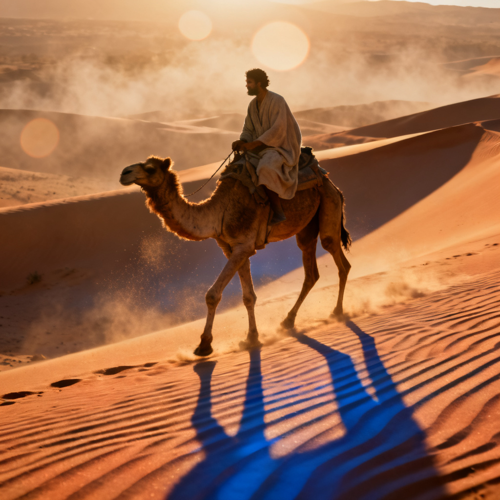 AI cinematic human riding a camel in desert