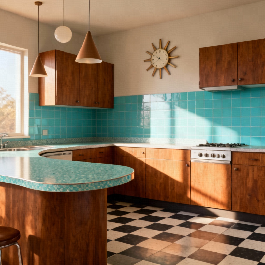 AI mid century vintage kitchen render with teak and turquoise accents