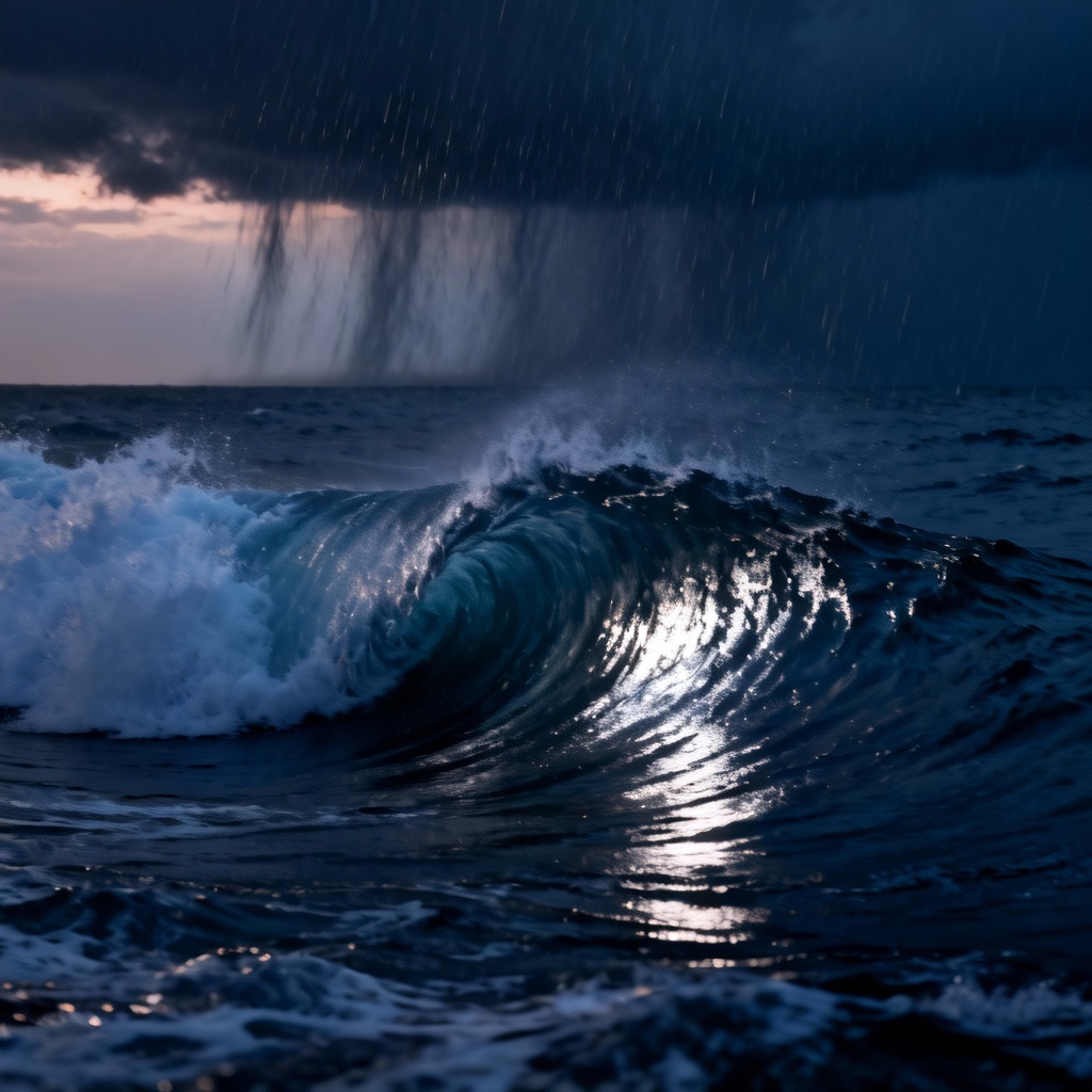 AI stormy evening barrel wave at dusk