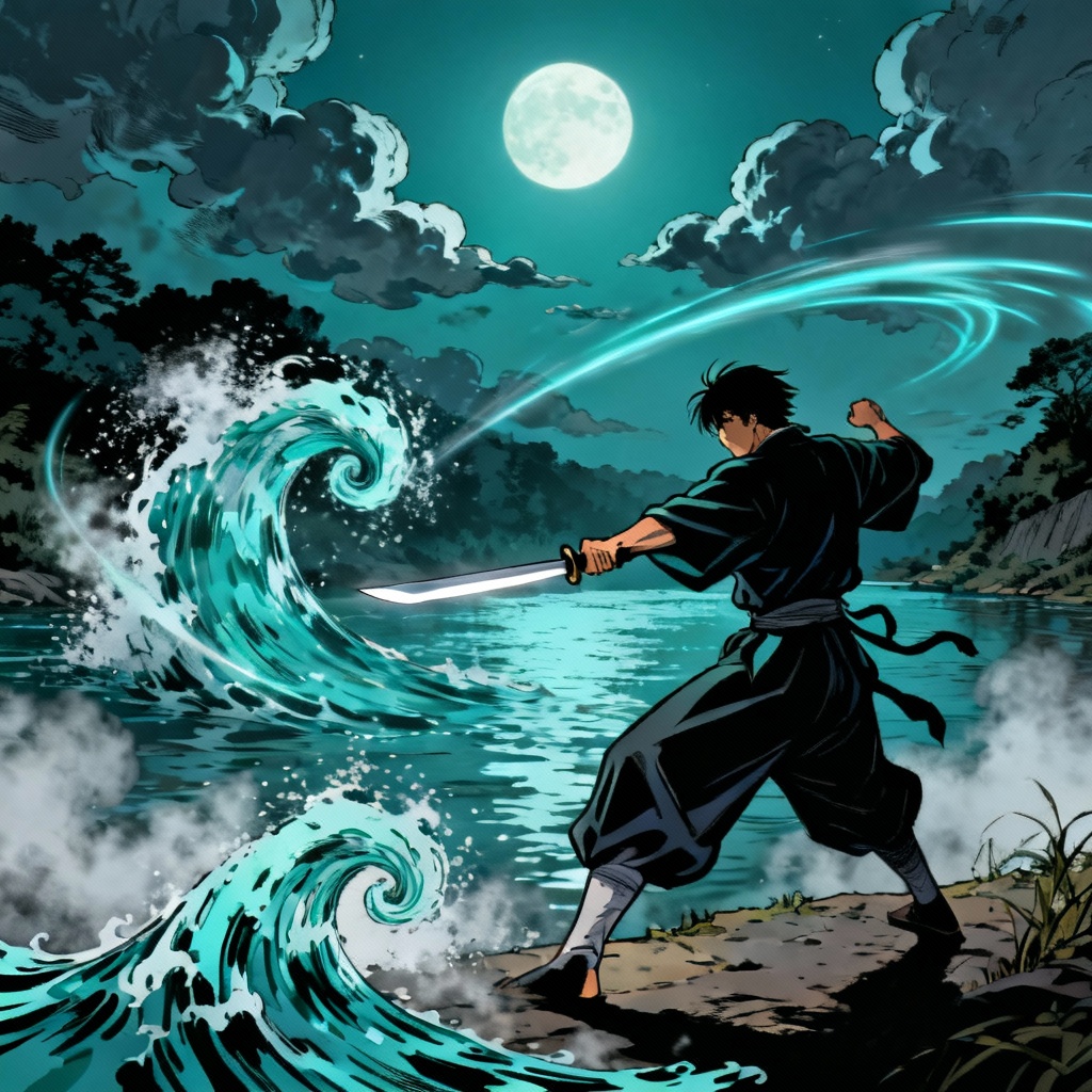 AI water blade duel at night by the river