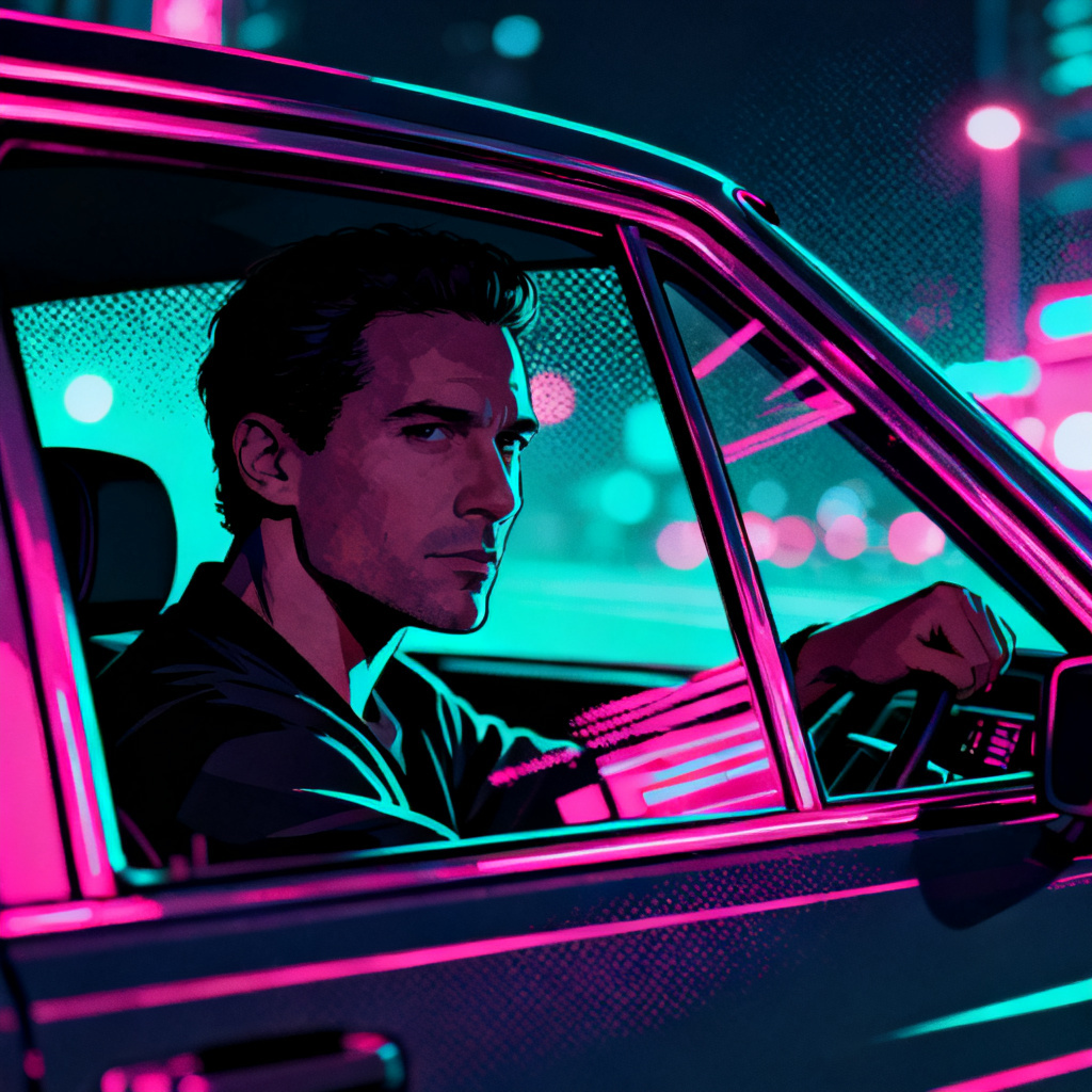 GTA style neon night driver portrait