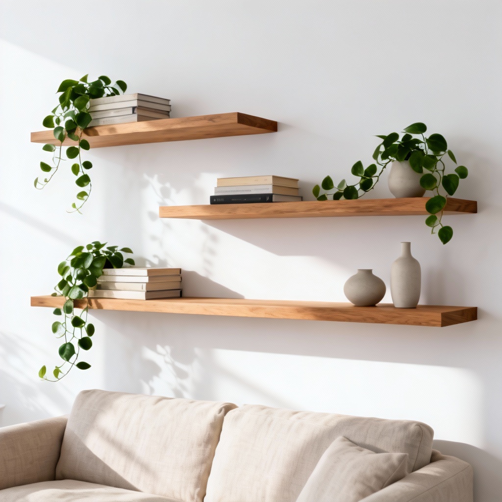 AI Scandinavian floating wall shelves with decor