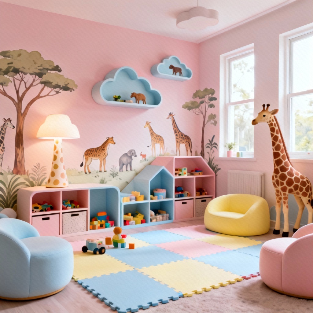 AI kids room decoration with safari theme and playful storage