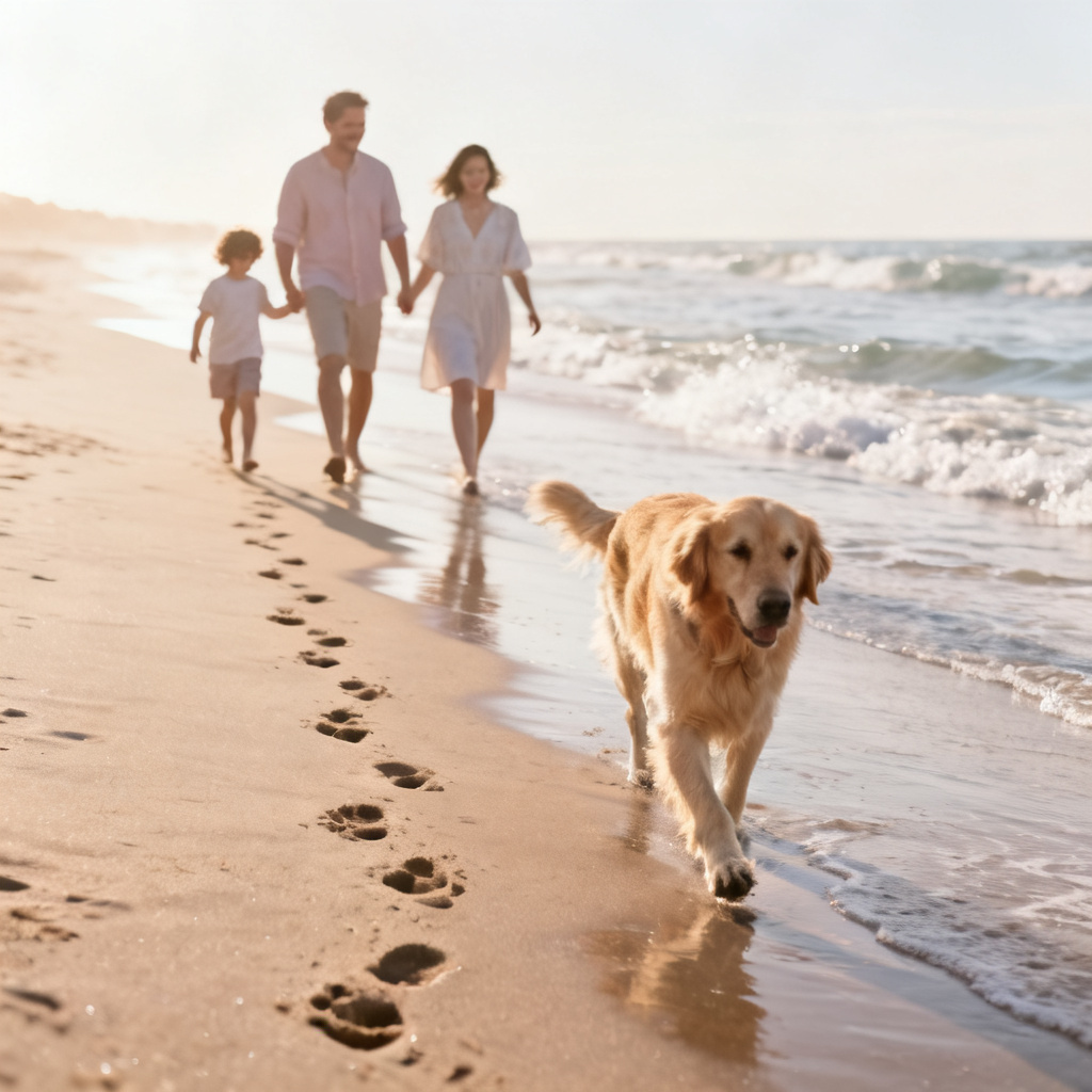 AI family beach walk with a golden retriever