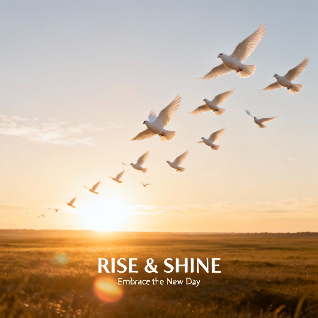AI freedom artwork with sunrise and doves over an open horizon