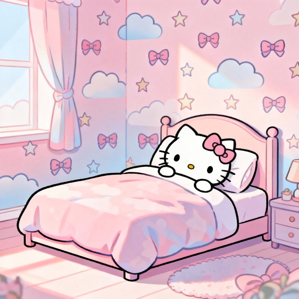 AI Hello Kitty style cozy pastel room wallpaper
