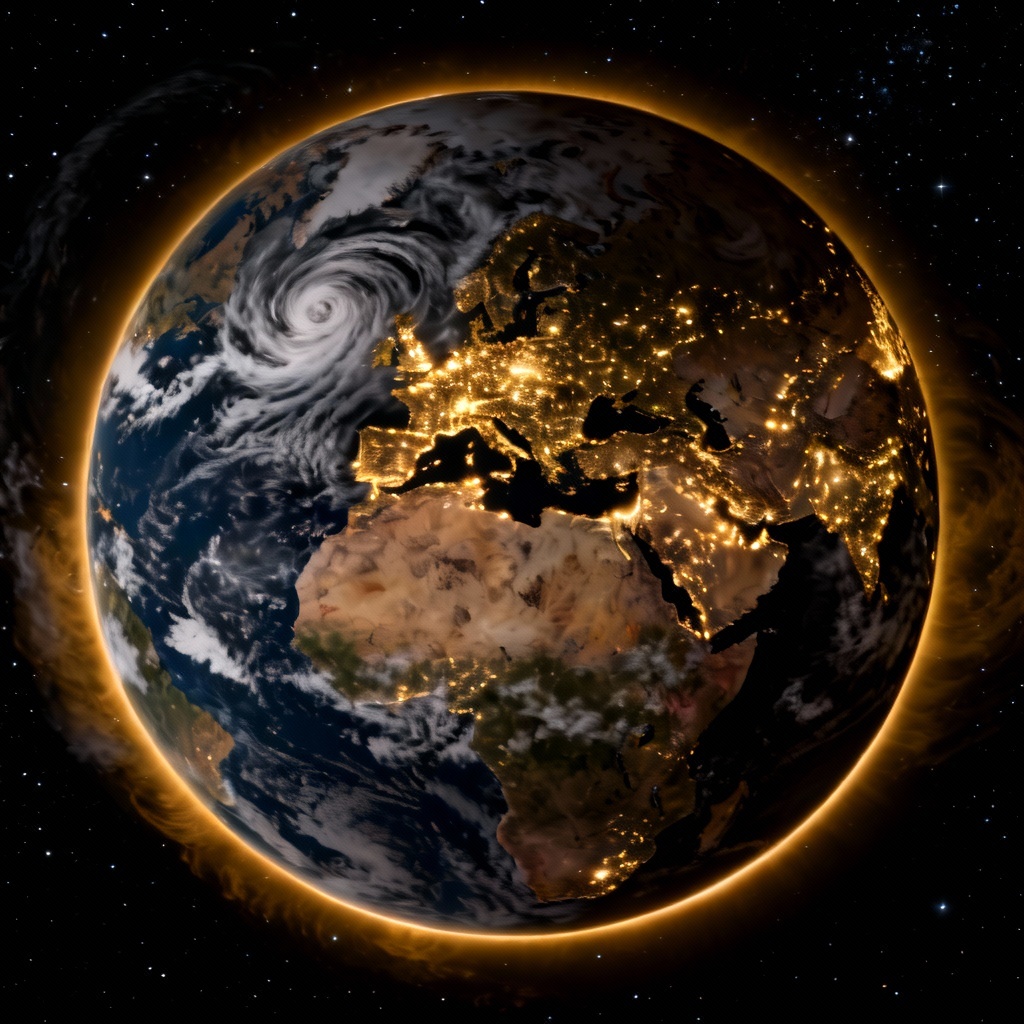 AI photorealistic Earth with night lights along the terminator
