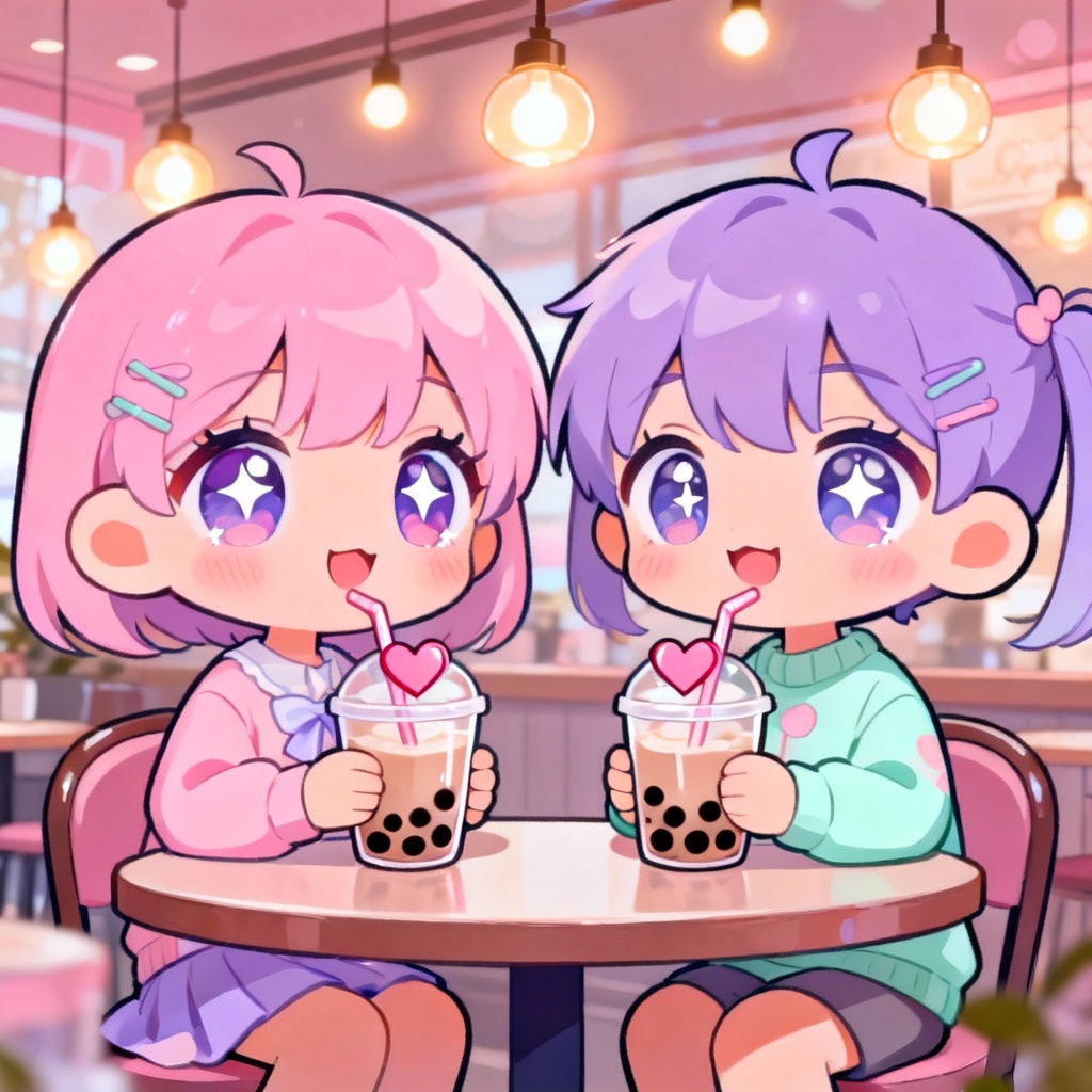 Kawaii chibi couple cartoon sharing bubble tea