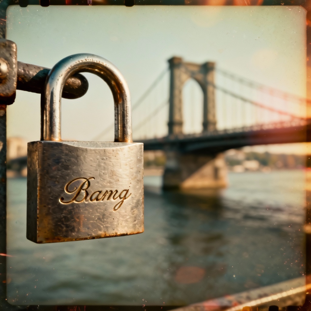 Vintage film style love lock with cursive engraving