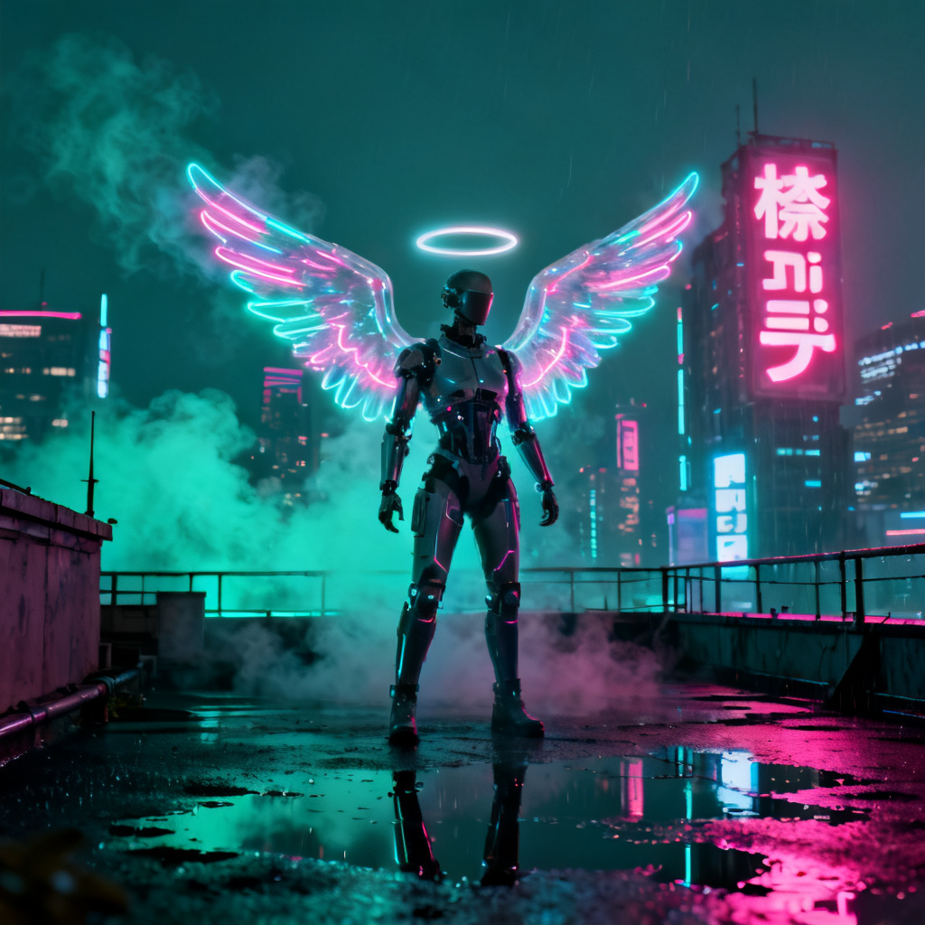 AI cyberpunk neon angel with holographic wings over city