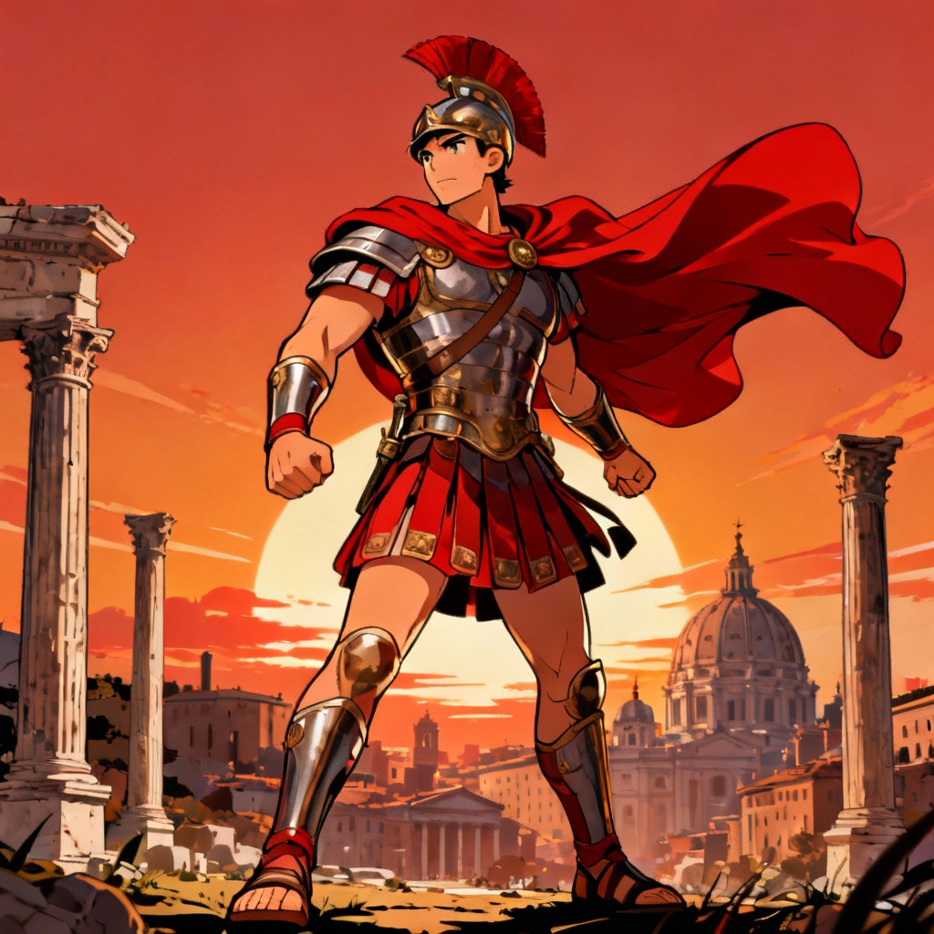 AI anime-style Roman legionary with heroic pose and flowing cape