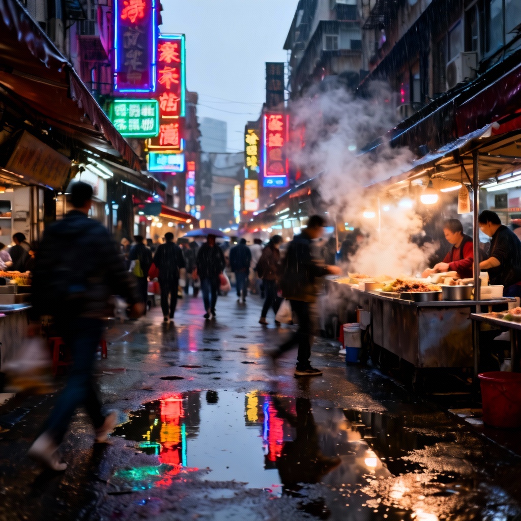 Crowded rainy street market with neon shop signs generated by AI