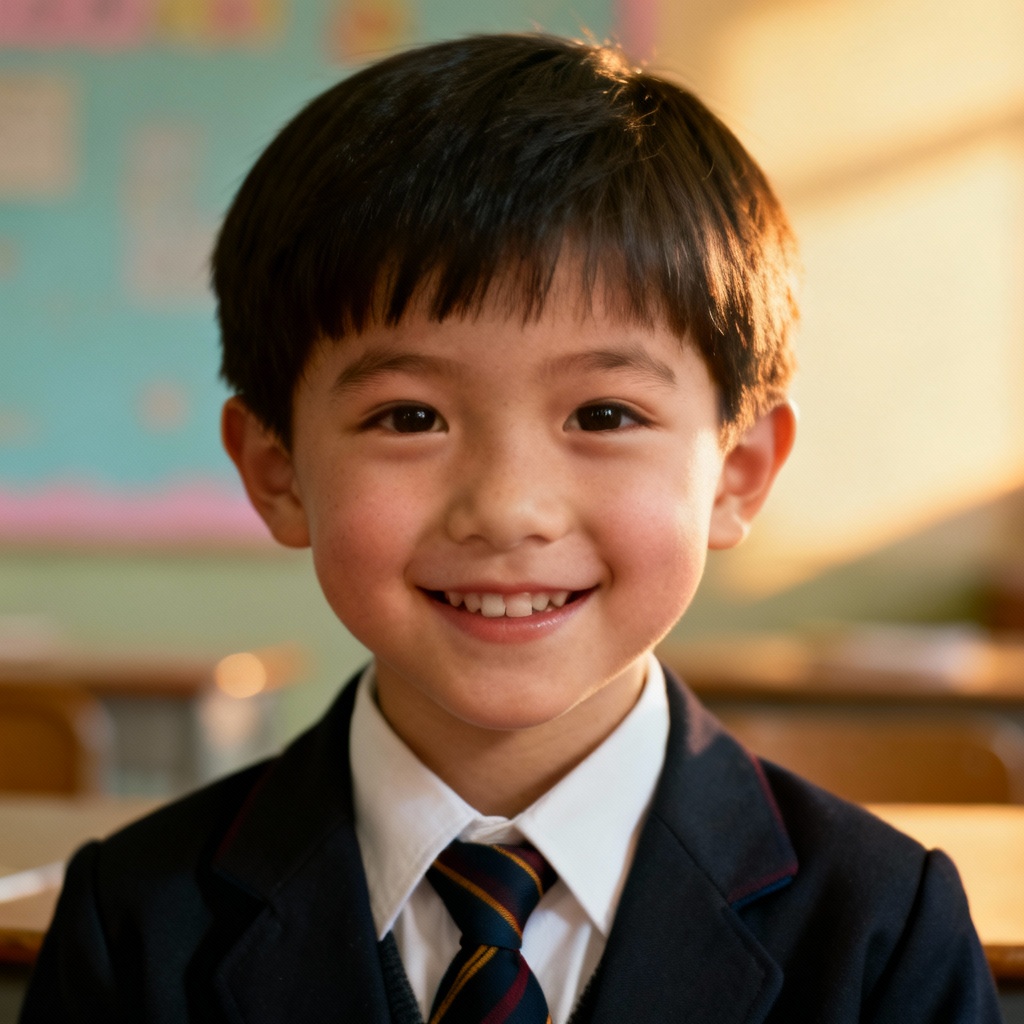 AI-generated childhood portrait look-alike of a celebrity in retro school style