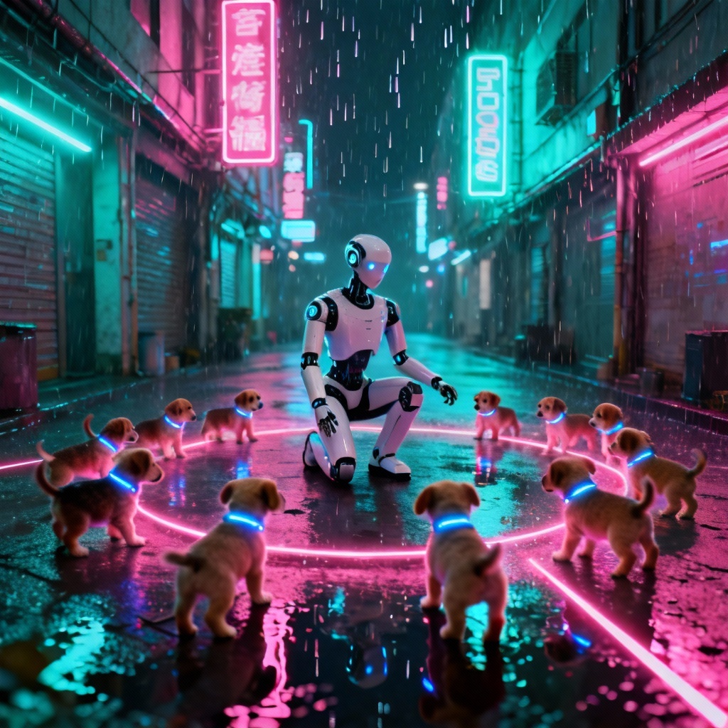 AI surrounded by puppies in a neon cyberpunk city