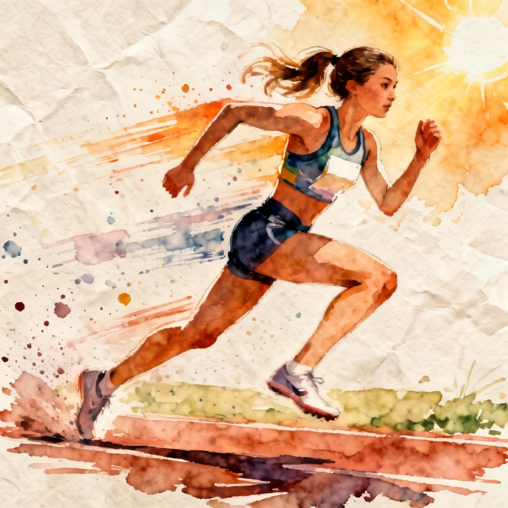 AI watercolor athlete girl mid-sprint with dynamic brush strokes