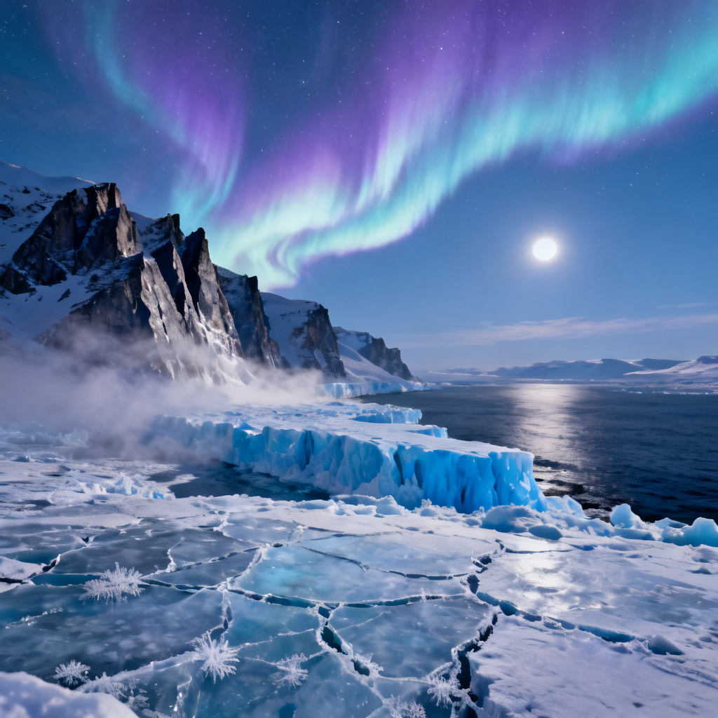 AI aurora over an icy arctic coastline and glacier