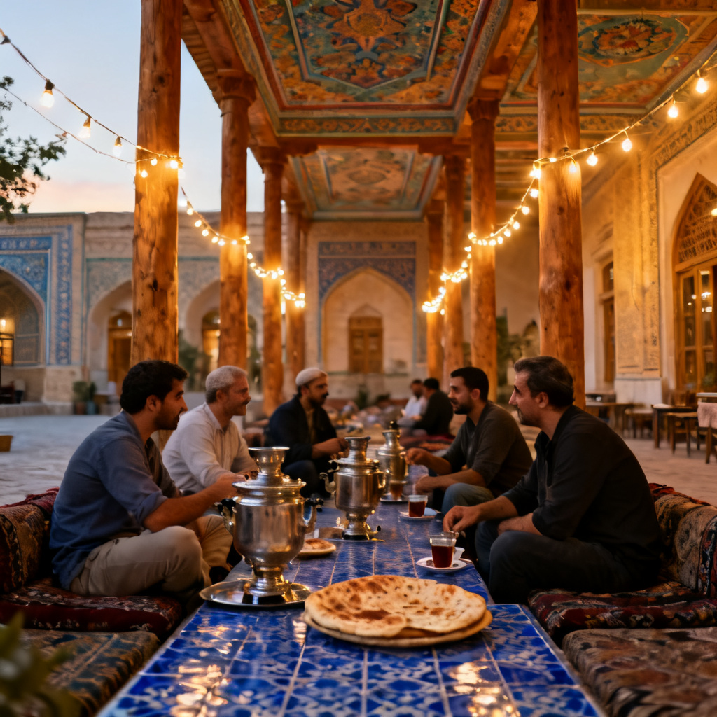 AI Uzbek chaikhana tea house with mosaic tiles