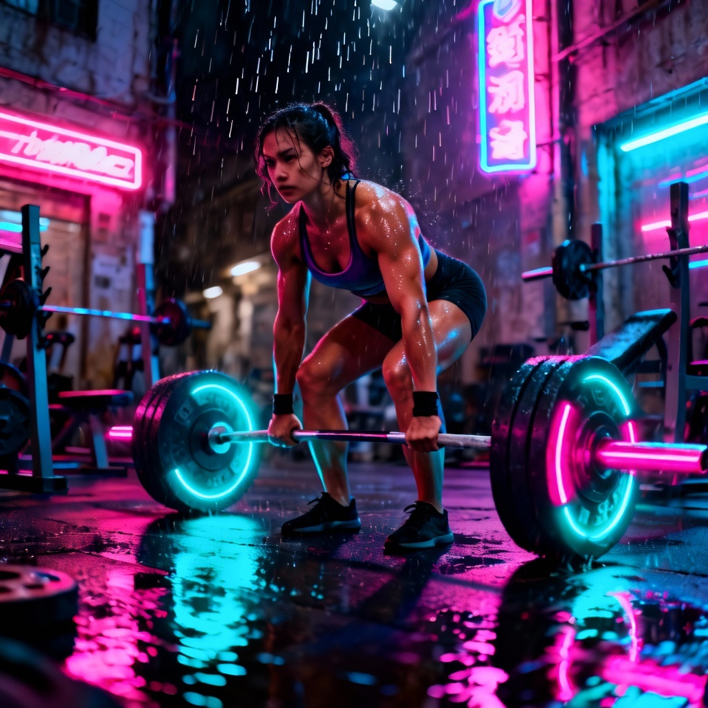 AI cyberpunk muscular woman powerlifting at night