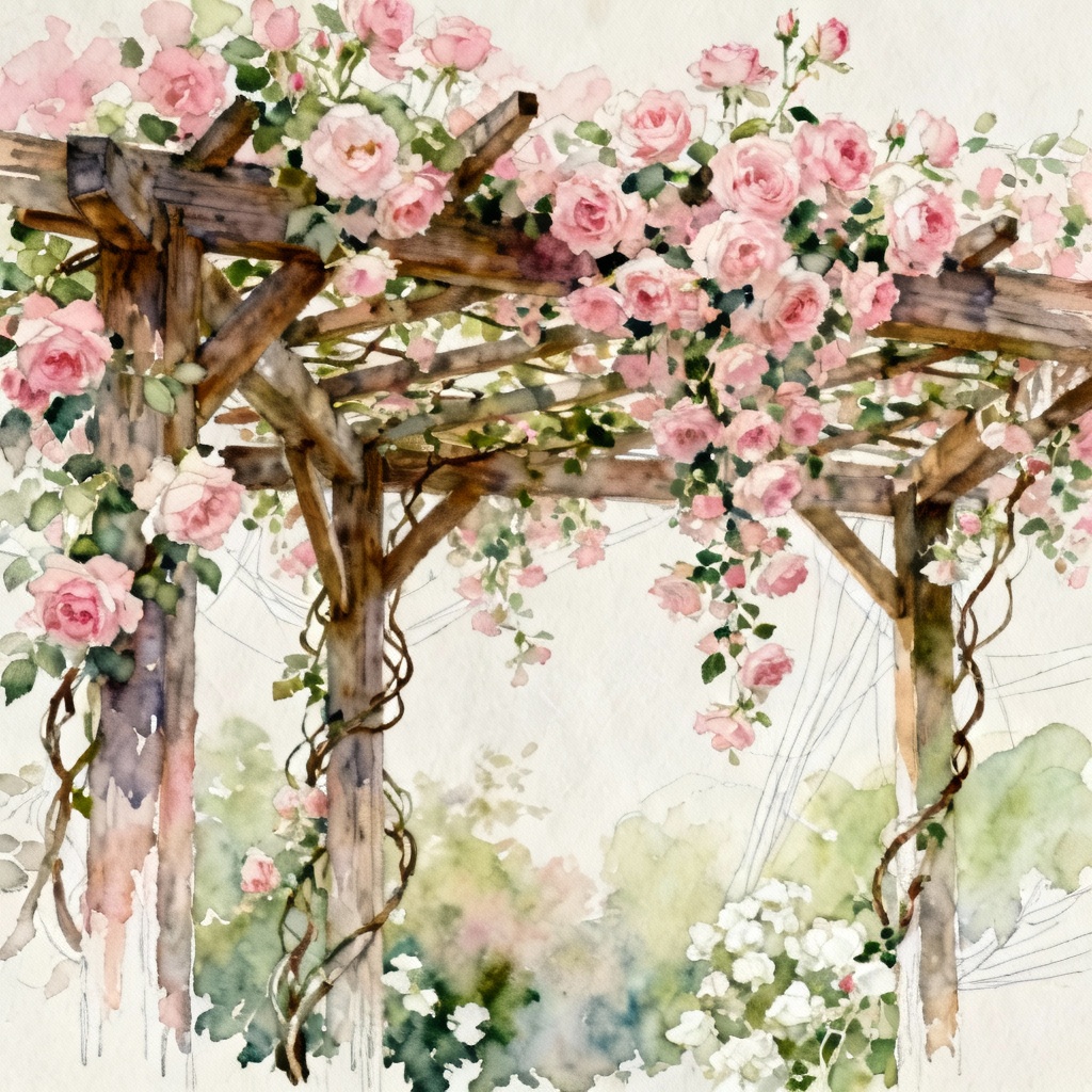Watercolor pergola draped with pink climbing roses