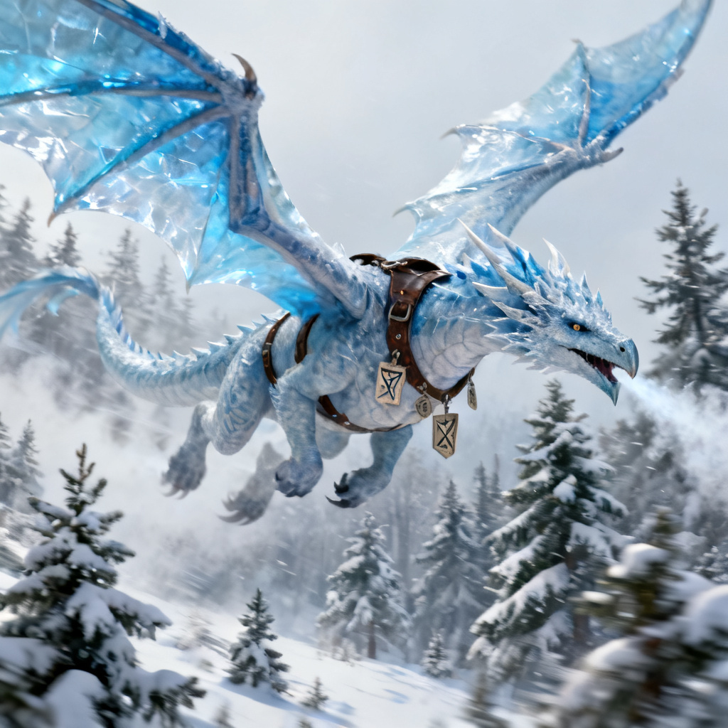 AI frost wyvern OC soaring over snowy forest