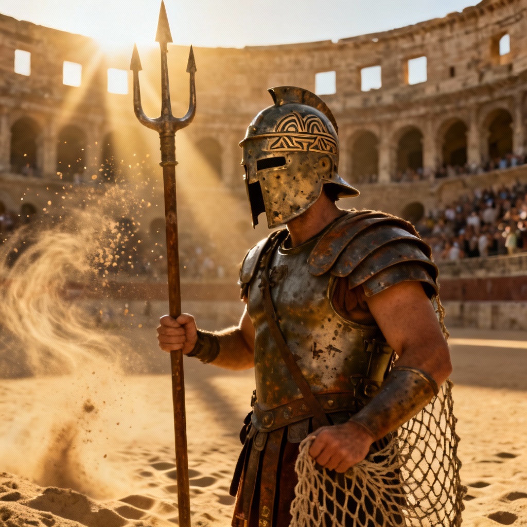 AI gladiator with trident and net in a sunlit arena
