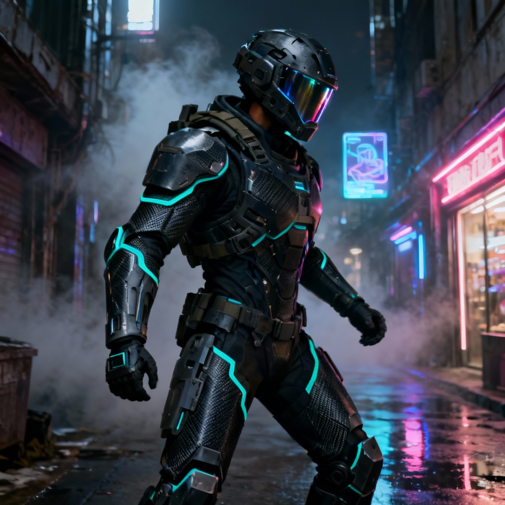 AI-generated cyberpunk armored exosuit with neon plating