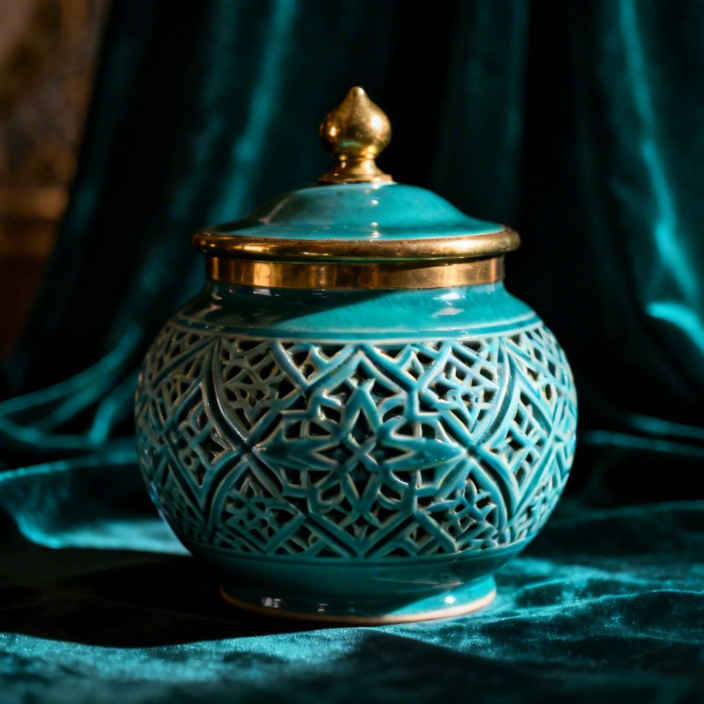 Moroccan carved turquoise apothecary jar with brass details