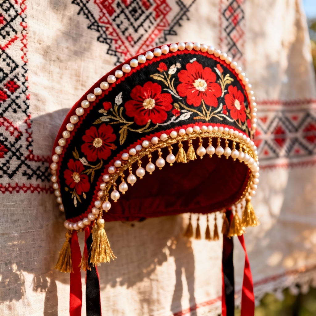 AI Slavic folk kokoshnik with painted floral motifs and pearls