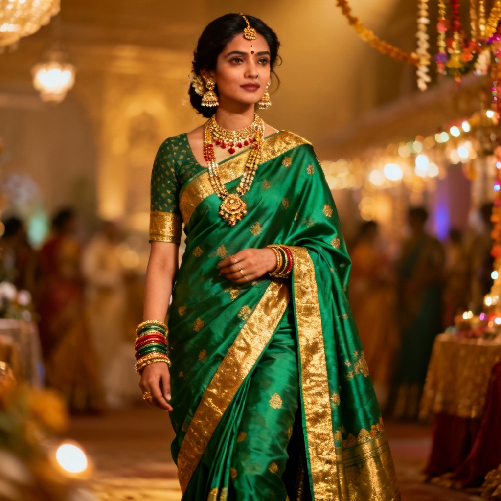 AI model wearing emerald Banarasi silk saree with gold zari border