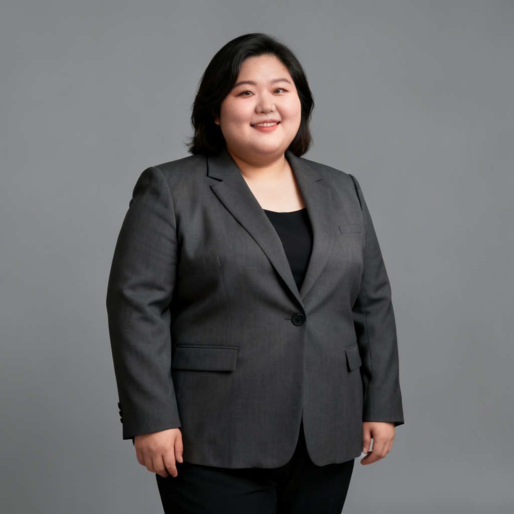 Professional full-figure corporate portrait, confident pose