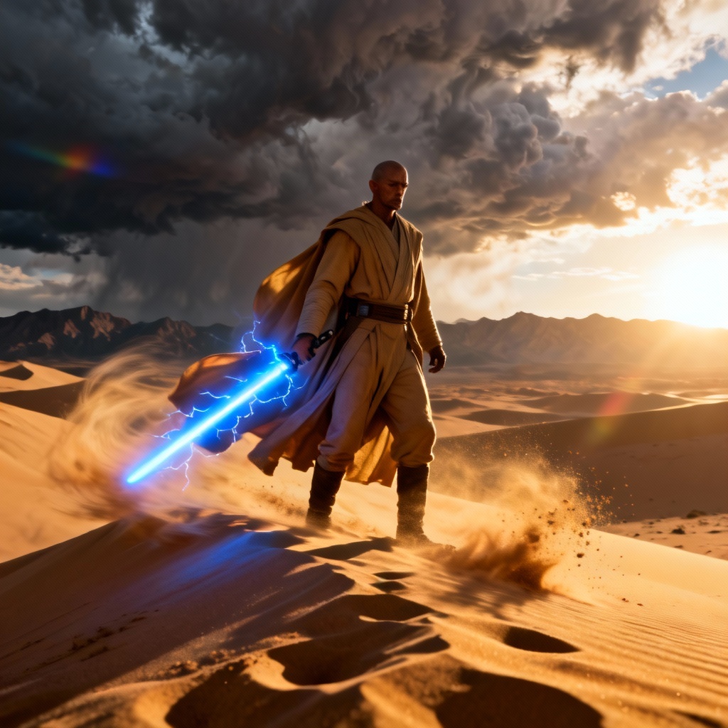 AI Jedi guardian in desert with energy blade