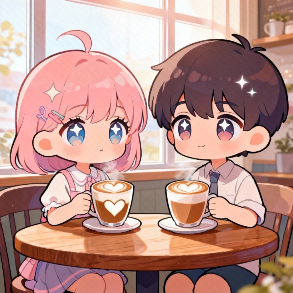 AI chibi couple on a cafe date with latte hearts
