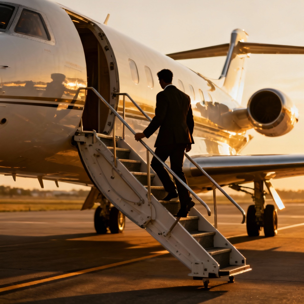 AI executive boarding private jet with golden hour light