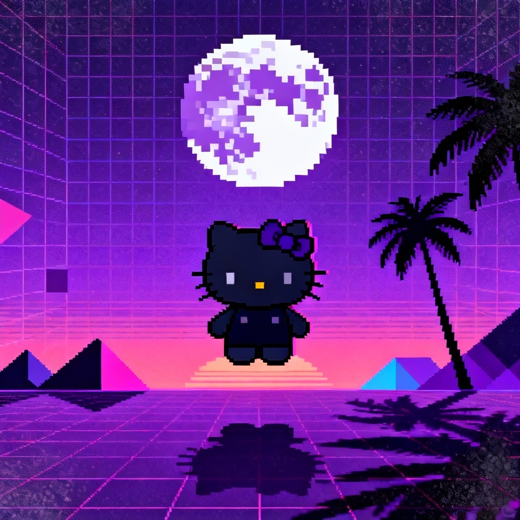 AI vaporwave dark Hello Kitty poster