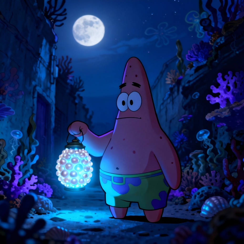 AI Bikini Bottom citizen night guard glowing softly