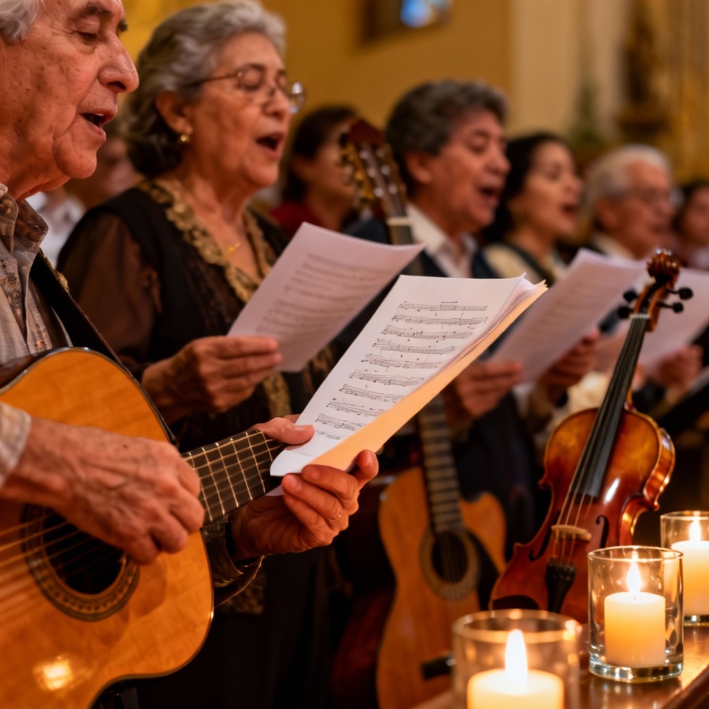 AI image of Posadas choir with guitars and candles