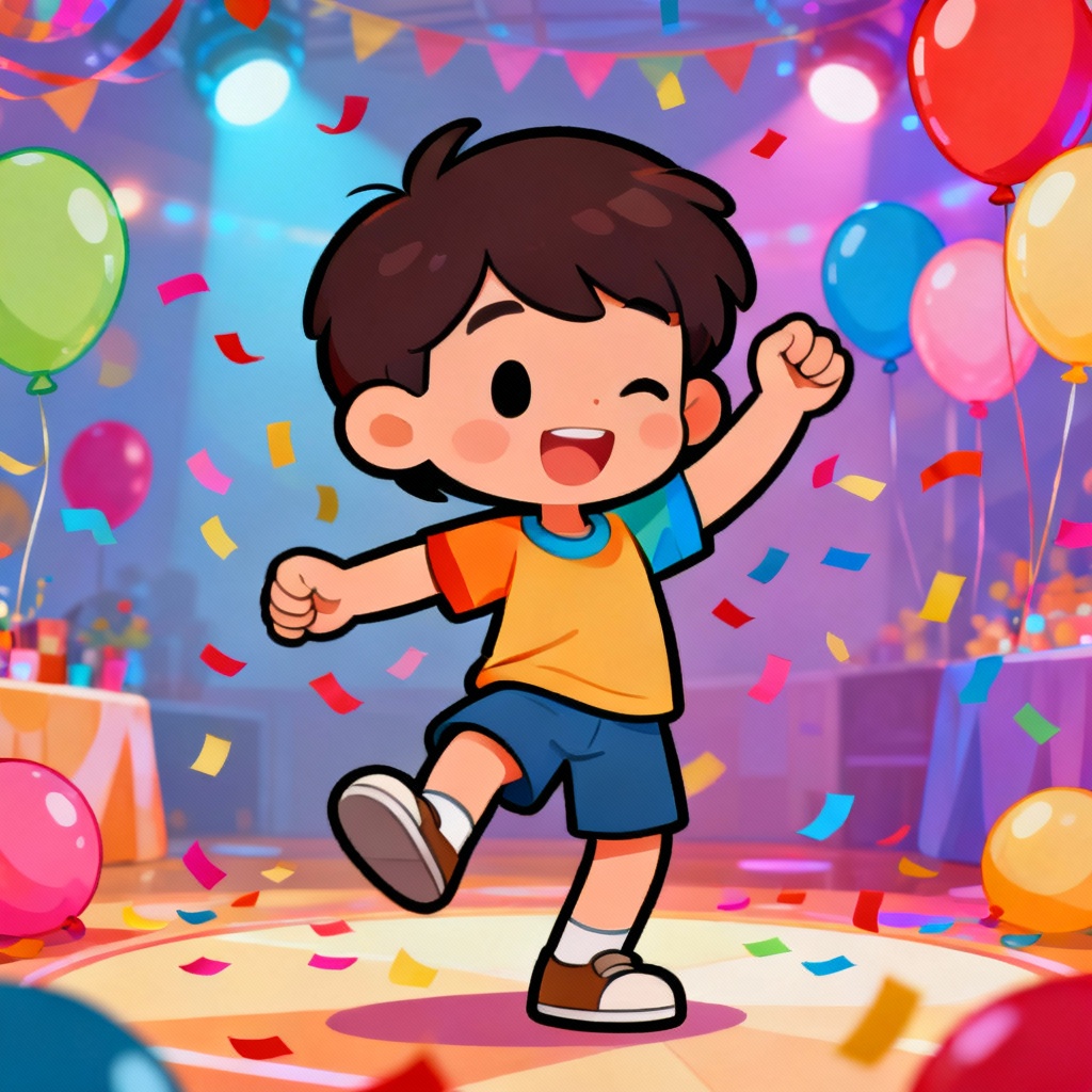 AI cartoon dancing child at a party