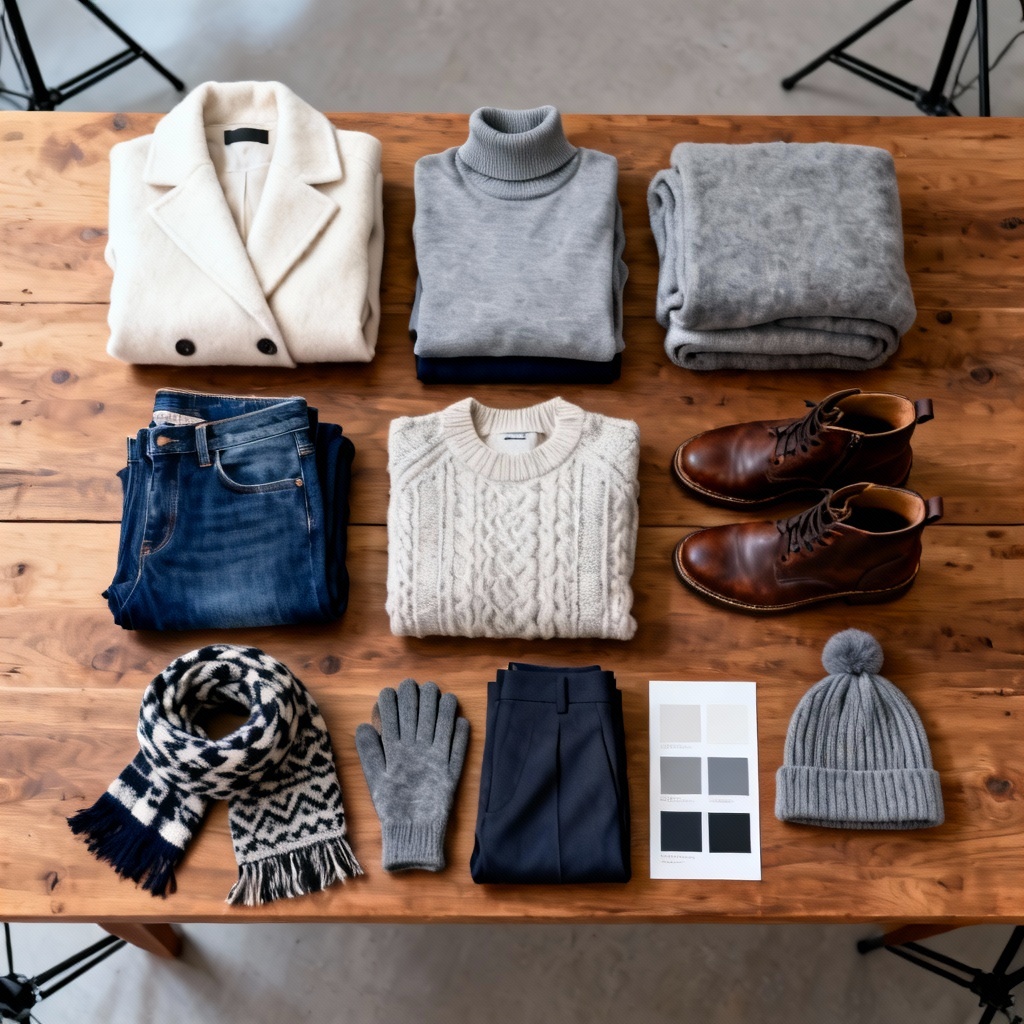 AI winter capsule wardrobe flat lay with color palette swatches