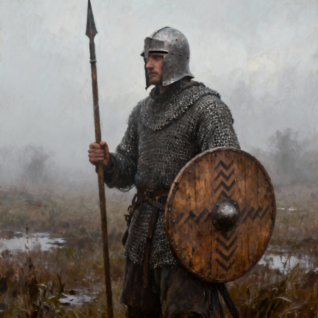 AI medieval spearman soldier on misty field