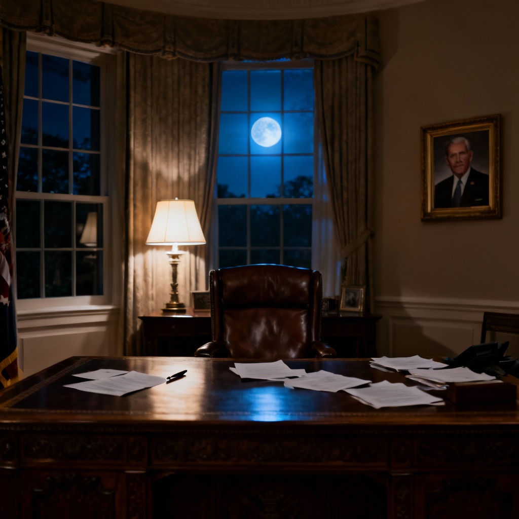 Oval Office at night with moody cinematic lighting