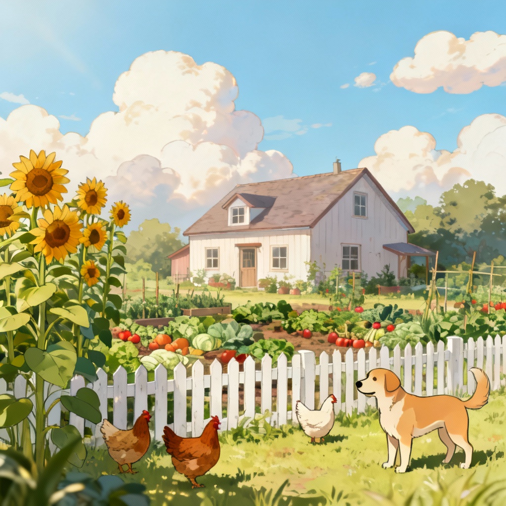 AI anime cozy farmhouse with garden and animals