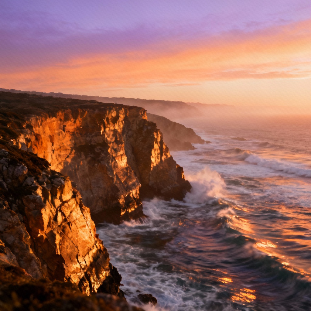 AI golden hour coastal cliff landscape with warm sunset light